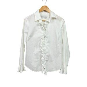 Sara Campbell Womens White Long Sleeve Ruffle Blouse Sz 10 Cotton Blend Stretch